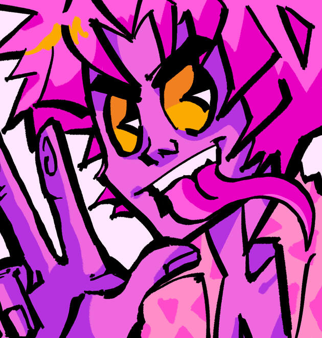 A stylized digital illustration of a pink and purple character with sharp, expressive features and glowing yellow eyes. The character sticks out their tongue playfully while holding up a hand near their face.
