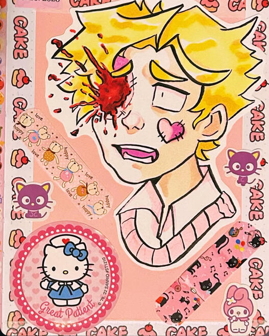 A stylized, hand-drawn illustration of a blonde character smiling despite an injured eye, with bright red blood splattering from the left eye area. The drawing is set on a pink background covered in cute stickers, creating a contrast between cute decor and