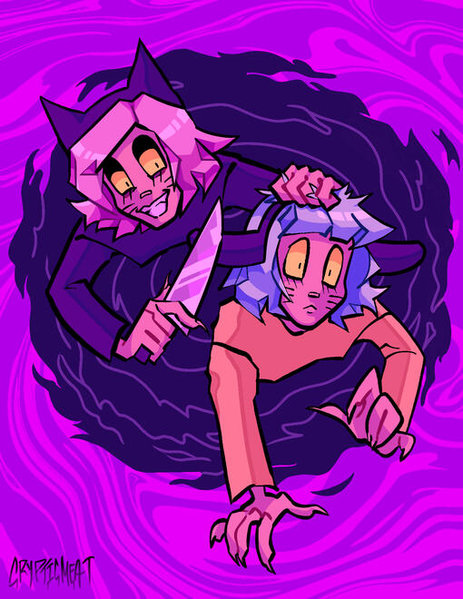 A dramatic, stylized illustration of two horned characters emerging from a swirling purple void, one gripping a knife while holding the other by the head, creating a tense, ominous scene.