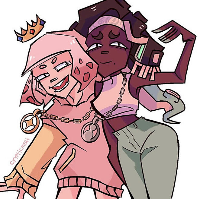 A drawing of two characters from the video game, Splatoon 2 posing together.