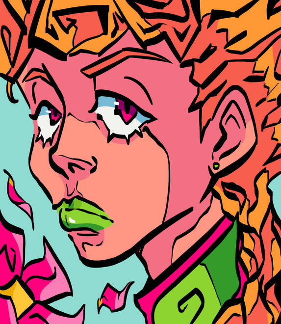 Colorful pop-art style illustration of a Giorno Giovana from the anime, JoJo's Bizarre Adventure. Thick black outlines define his features, with abstract floral shapes and vibrant teal, pink, and green colors in the background.