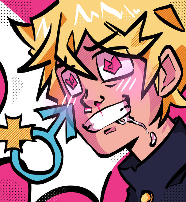 A colorful, stylized illustration of a blond character with wide, sparkling eyes and a tense expression, shown with bold outlines and comic-style effects.