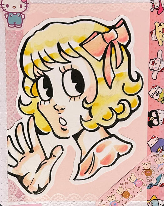 A hand-drawn illustration of a wide-eyed blonde girl with a pink bow in her hair, waving with one hand. The drawing has soft pastel colors and thick black outlines, set on a pink background decorated with Hello Kitty stickers and cute character patterns.