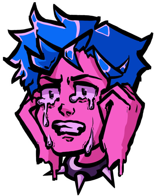 Bold, graphic illustration of a distressed person’s face with pink skin and messy blue hair. Tears stream from wide, anxious eyes, and their mouth is slightly open in an expression of fear or overwhelm. Both hands press against the sides of their head.
