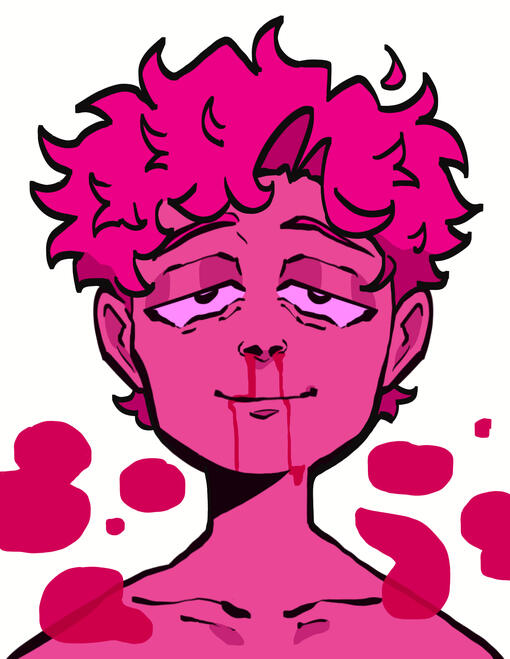 Stylized illustration of a person with pink skin and short, curly pink hair, facing forward. Their eyes are half-lidded with a tired or detached expression, and a thin stream of blood runs from their nose down to their lips.
