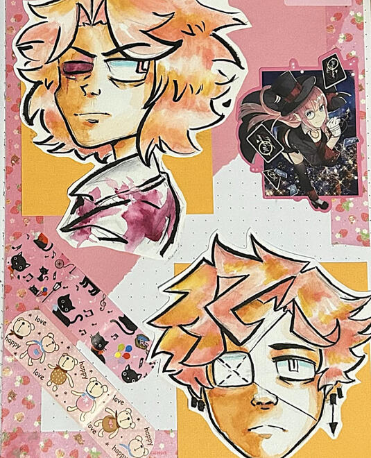 A mixed-media collage featuring two watercolor-style portraits of a messy-haired, orange-blond character with a tired, serious expression. One portrait shows a bruised eye and a bloodstain on the collar; the other shows an eye covered with a stitched banda